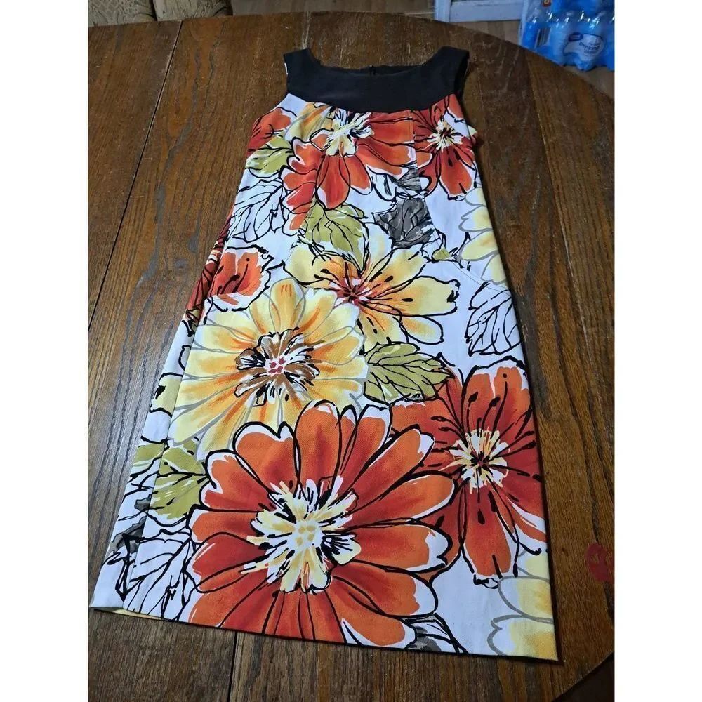 Small Dressbarn Sleeveless Black Orange Yellow Brown Green Floral Midi Dress